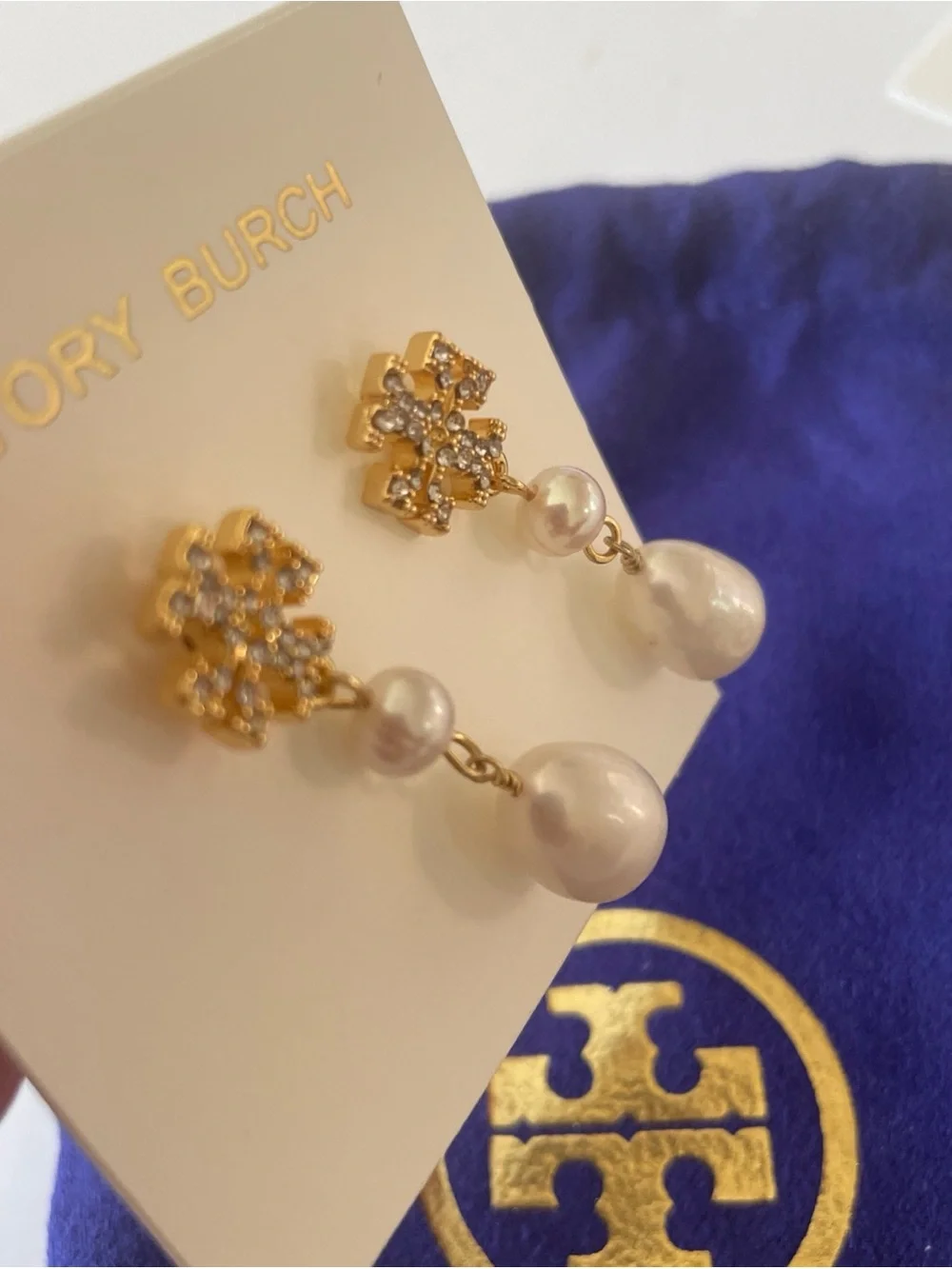 Tory Burch Gold Logo Drop Earrings with White Pearls